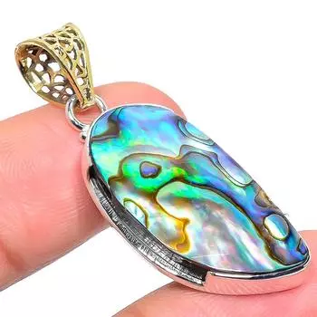 Natural Abalone Shell Gemstone 925 Sterling Silver Two Tone Pendant 1.77 R0b43