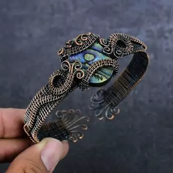 Natural Abalone Shell Gemstone 925 Sterling Silver Cuff Bangle Adjustable C5i49