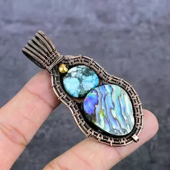 Natural Abalone Shell, Turquoise Copper Wire Wrap Jewelry Pendant 2.96 E3N09