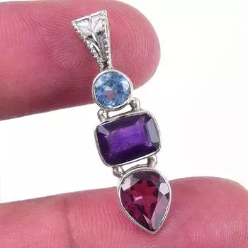 Natural African Amethyst, Garnet 925 Solid Sterling Silver Pendant 1.25 G0d95