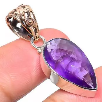 Natural African Amethyst Gemstone 925 Sterling Silver TwoTone Pendant 1.50 m7Q47