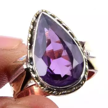Natural African Amethyst Gemstone 925 Sterling Silver Two Tone Ring Size 7 d0T36
