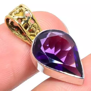 Natural African Amethyst Gemstone 925 Sterling Silver TwoTone Pendant 1.06 V1g94