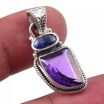 Natural African Amethyst, Kyanite 925 Solid Sterling Silver Pendant 1.25 V7Y88