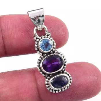 Natural African Amethyst, Kyanite 925 Solid Sterling Silver Pendant 1.25 h7z84