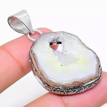 Natural Agate Geode Slice Gemstone 925 Sterling Silver Pendant 1.97 o2Z70