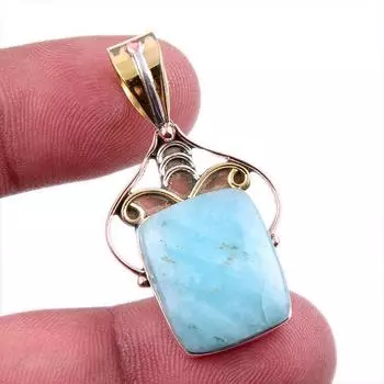 Natural Amazonite Gemstone 925 Solid Sterling Silver Two Tone Pendant 1.75 j2k22