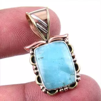 Natural Amazonite Gemstone 925 Solid Sterling Silver Two Tone Pendant 1.25 U5Y44