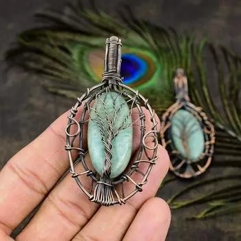 Natural Amazonite Gemstone Handmade Copper Wire Wrap Gift Pendant 3.15 Q7P88