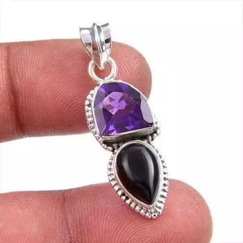 Natural Amethyst,Black Onyx Gemstone 925 Solid Silver Jewelry Pendant 1.50 k4S52