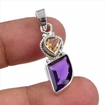 Natural Amethyst,Citrine Gemstone 925 Sterling Silver Jewelry Pendant 1.50 g8H27
