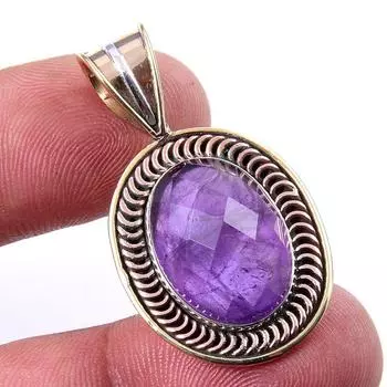 Natural Amethyst Gemstone 925 Solid Sterling Silver Two Tone Pendant 1.50 r5v88
