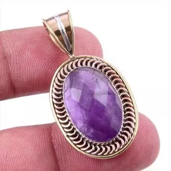 Natural Amethyst Gemstone 925 Solid Sterling Silver Two Tone Pendant 1.50 B7F02