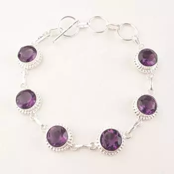 Natural Amethyst Gemstone 925 Sterling Silver Jewelry Round Stone Bracelet 9 RB-9-3