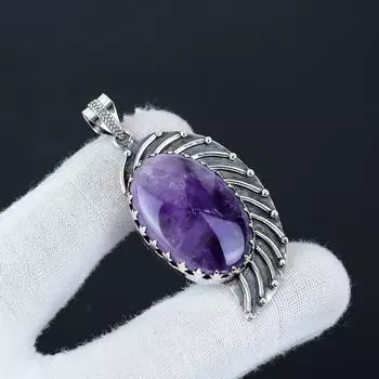 Natural Amethyst Gemstone Silver Pendant in 925 Sterling Silver- Handmade Design, Everyday Wear Jewelry, Unique Pendant Birthday Gift 2.36 фиолетовый