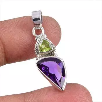 Natural Amethyst,Peridot Gemstone 925 Sterling Silver Jewelry Pendant 1.25 h8L77