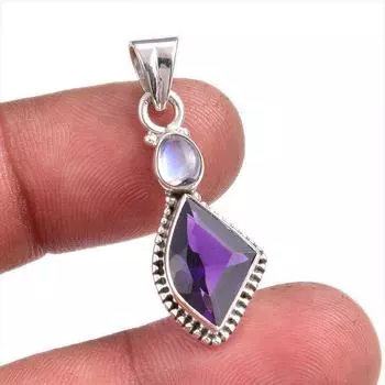 Natural Amethyst, Rainbow Moonstone Gemstone 925 Solid Silver Pendant 1.50 L5E87