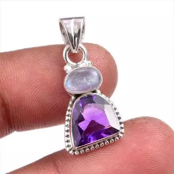 Natural Amethyst, Rainbow Moonstone Gemstone 925 Solid Silver Pendant 1.50 O5V75