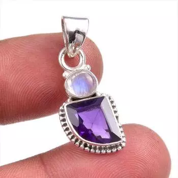 Natural Amethyst, Rainbow Moonstone Gemstone 925 Solid Silver Pendant 1.50 H2U83