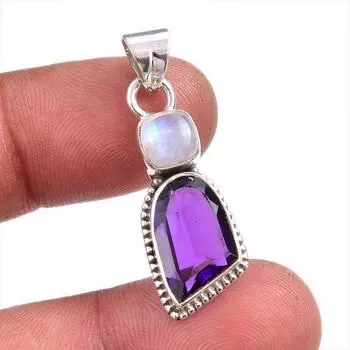 Natural Amethyst, Rainbow Moonstone Gemstone 925 Solid Silver Pendant 1.50 D8b58