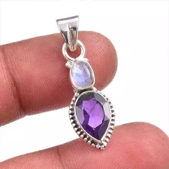 Natural Amethyst, Rainbow Moonstone Gemstone 925 Solid Silver Pendant 1.50 E0a43