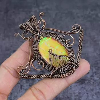 Подвеска из натурального драгоценного камня аммолит ручной работы из медной проволоки 2,68 дюйма H5d82