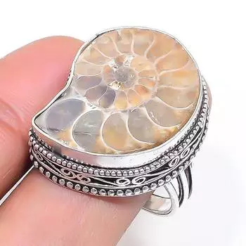 Natural Ammonite Fossil Gemstone 925 Sterling Silver Jewelry Ring Size 7 H3f51