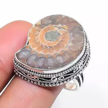 Natural Ammonite Fossil Gemstone 925 Sterling Silver Jewelry Ring Size 7.5 k7A61