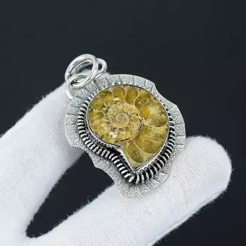 Natural Ammonite Gemstone Silver Pendant in 925 Sterling Silver- Handmade Design, Everyday Wear Jewelry, Unique Pendant Birthday Gift 2.55 коричневый