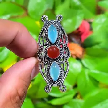 Natural Aqua Chalcedony, Carnelian Gemstone 925 Sterling Silver Ring S.11.5 M3g52
