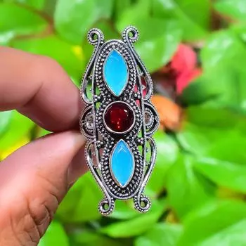 Natural Aqua Chalcedony, Garnet Gemstone 925 Sterling Silver Ring Size 8 h8Q04