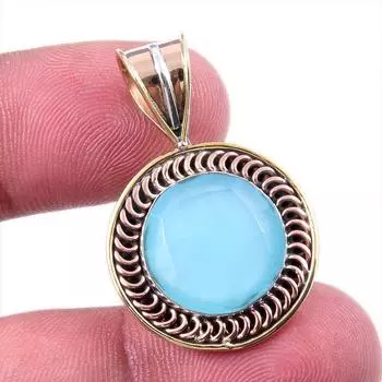 Natural Aqua Chalcedony Gemstone 925 Solid Silver Two Tone Pendant 1.50 T3l11
