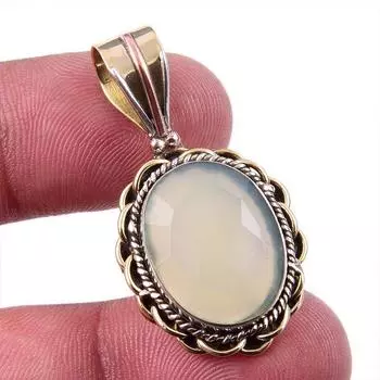 Natural Aqua Chalcedony Gemstone 925 Solid Silver Two Tone Pendant 1.50 C2A11