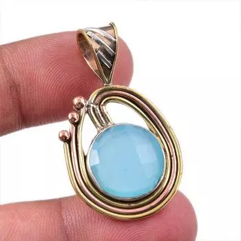 Natural Aqua Chalcedony Gemstone 925 Solid Silver Two Tone Pendant 1.50 P3g65