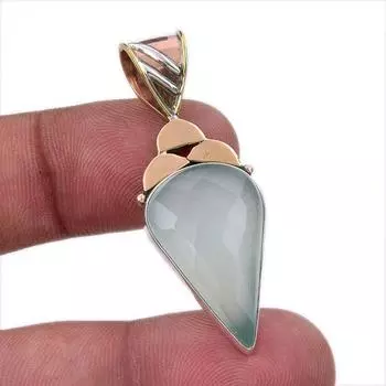 Natural Aqua Chalcedony Gemstone 925 Sterling Silver Two Tone Pendant 1.75 u1f74