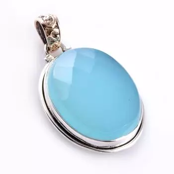 Natural Aqua Chalcedony Gemstone 925 Sterling Silver Two Tone Pendant 1.6 Q9G80