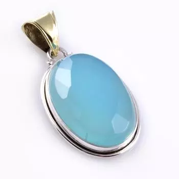 Natural Aqua Chalcedony Gemstone 925 Sterling Silver Two Tone Pendant 1.8 S8a70