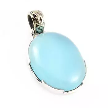Natural Aqua Chalcedony Gemstone 925 Sterling Silver Two Tone Pendant 1.5 d9J02