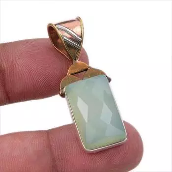 Natural Aqua Chalcedony Gemstone 925 Sterling Silver Two Tone Pendant 1.75 H4f17