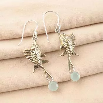 Natural Aqua Chalcedony Gemstone 925Sterling Silver Handmade Drop Earrings 2.17 EE-148-3