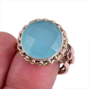 Natural Aqua Chalcedony Gemstone Two Tone 925 Sterling Silver Ring Size 8 Q1U51