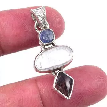 Natural Aquamarine, Black Rutile 925 Solid Sterling Silver Pendant 1.50 L5m97