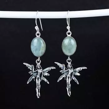 Серьги из натурального аквамарина, старинные серьги из стерлингового серебра 925 пробы, серьги-подвески из серебра в стиле бохо, подарки на День благодарения, подарки для нее 2.95 синий