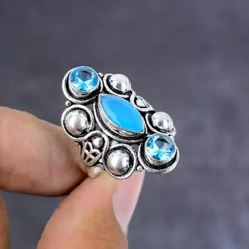 Кольцо из серебра 925 пробы с натуральным аквамарином, топазом и драгоценными камнями S.9 U6y36