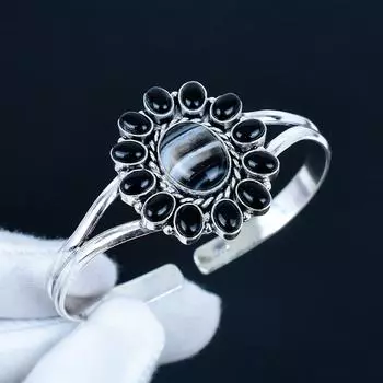 Natural Banded Agate Gemstone Handmade Cuff Bangle 925 Sterling Silver Cuff Bangle, Black Onyx Flower Shape Bracelet For Wife, Unisex Bangle 7 чёрный