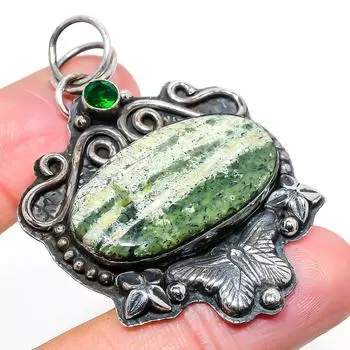 Natural Banded Green Opal,Diopside Stone 925 Sterling Silver Pendant 2.21 z7e50