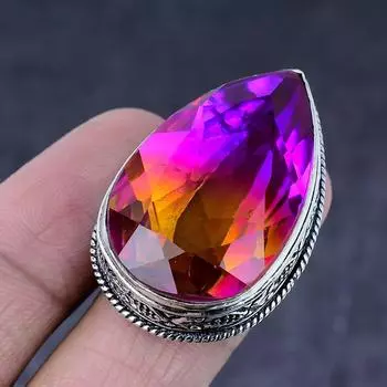 Кольцо из натурального двухцветного турмалина ручной работы из серебра 925 пробы S.7 I8B73