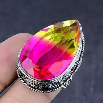 Кольцо из натурального двухцветного турмалина ручной работы из серебра 925 пробы S.8 Z9f97