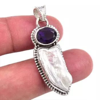 Natural Biwa Pearl,African Amethyst 925 Solid Sterling Silver Pendant 1.75 G0r81