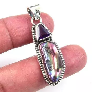 Natural Biwa Pearl,African Amethyst 925 Solid Sterling Silver Pendant 1.75 V8q17